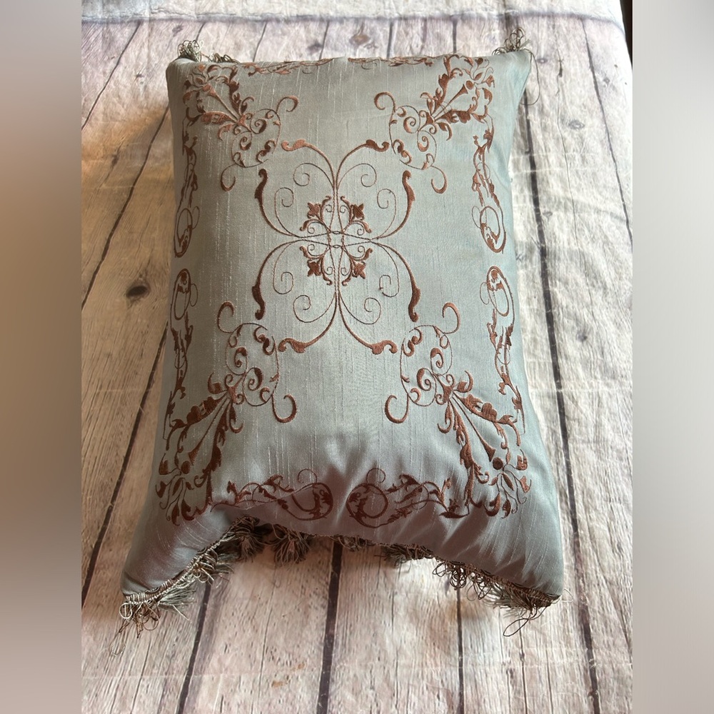 DUSTY BLUE FAUX SILK FLEUR DE LIS FOLIATE DOWN FILLES RECTANGULAR ACCENT PILLOW